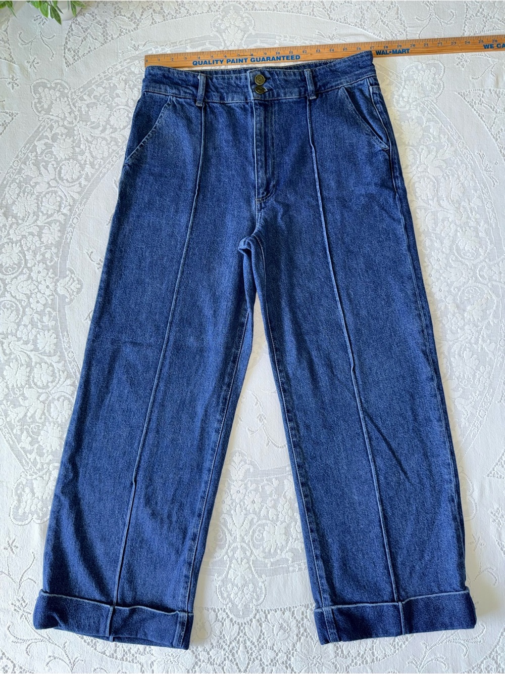 FRAME 70s Seamed Cuffed Crop Straight Leg Jeans Lago Di Como 30 medium dark blue - Picture 16 of 16